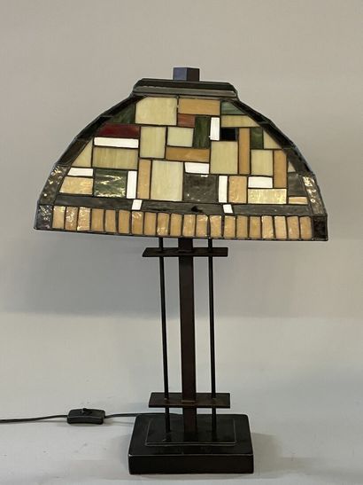 Lamp in patinated metal, lampshade in geometric...