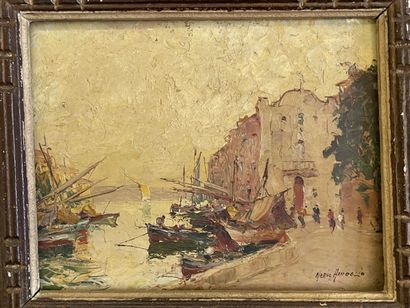Merio AMEGLIO 

Sailboats in the port. 

oil...