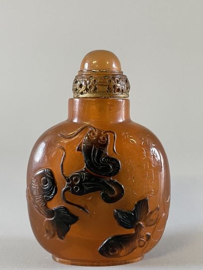 Snuffbox in reconstituted amber decorated...