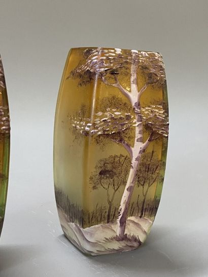 Pair of miniature vases with enamelled decoration...