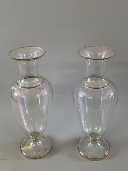 Pair of iridescent translucent glass vases...