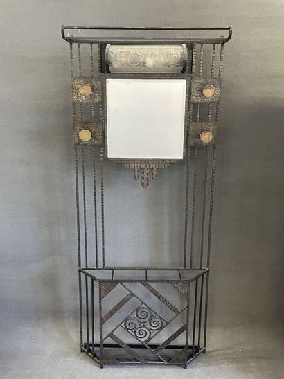 Wrought iron coat rack with mirror and central...