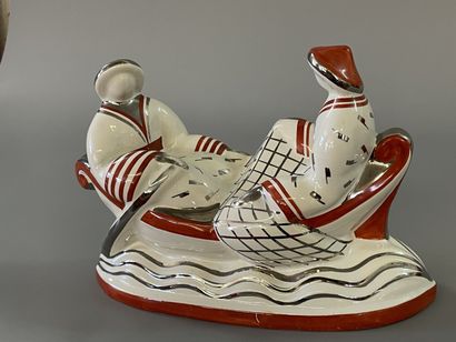 Primavera - Boat with two Chinese in ceramic...