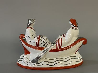 Primavera - Boat with two Chinese in ceramic...