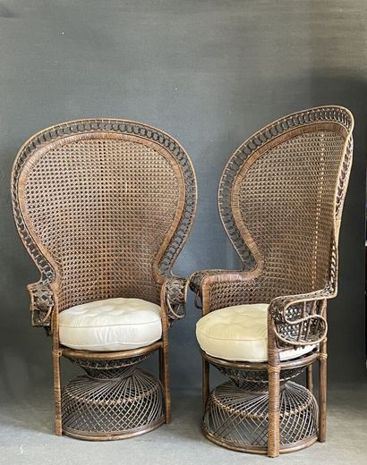 Pair of wicker armchairs with high rounded...