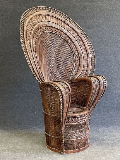 Large woven wicker armchair, wide back, Emmanuelle...