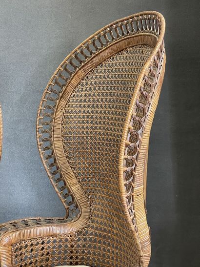 Pair of wicker armchairs with high rounded...