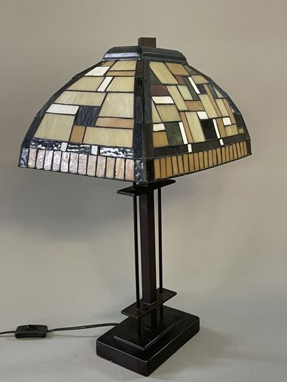 Lamp in patinated metal, lampshade in geometric...