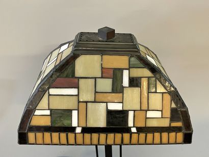 Lamp in patinated metal, lampshade in geometric...