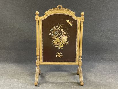 Carved and gilded wood fire screen, tapestry...