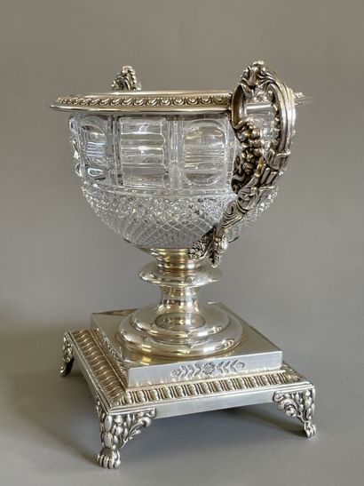 Cut crystal cup, on pedestal, in silver plated...