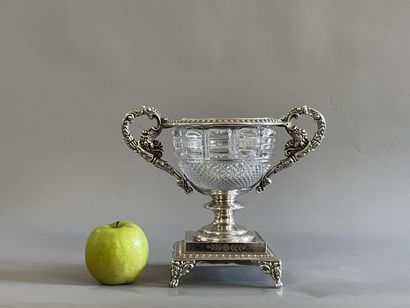 Cut crystal cup, on pedestal, in silver plated...