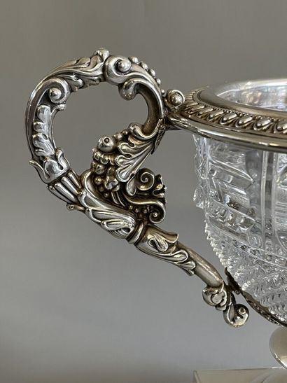 Cut crystal cup, on pedestal, in silver plated...