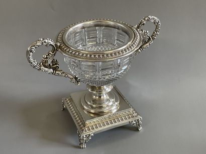 Cut crystal cup, on pedestal, in silver plated...