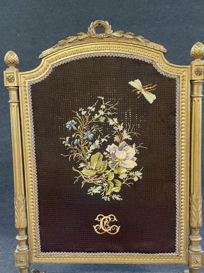 Carved and gilded wood fire screen, tapestry...