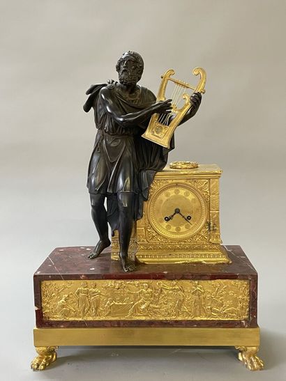 Antique poet clock, in patinated bronze and...