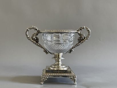 Cut crystal cup, on pedestal, in silver plated...