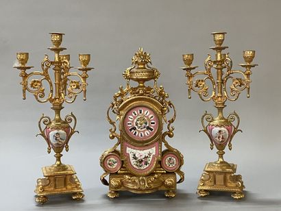 Gilt bronze and porcelain plate mantelpiece....
