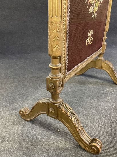Carved and gilded wood fire screen, tapestry...