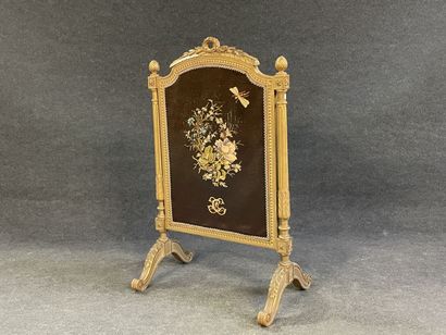 Carved and gilded wood fire screen, tapestry...