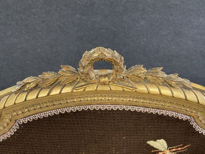 Carved and gilded wood fire screen, tapestry...