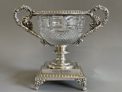 Cut crystal cup, on pedestal, in silver plated...