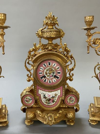 Gilt bronze and porcelain plate mantelpiece....