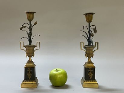 Pair of candlesticks in gilded and patinated...
