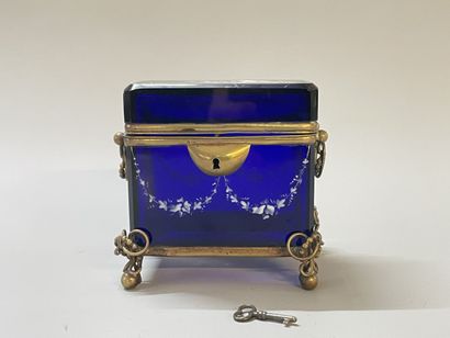 Blue glass case with opaline decoration,...