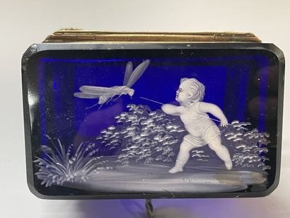 Blue glass case with opaline decoration,...
