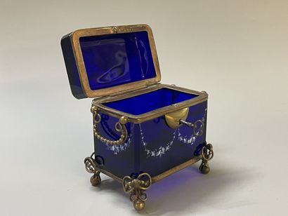 Blue glass case with opaline decoration,...