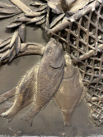Element of wood carved, relief of fishing...