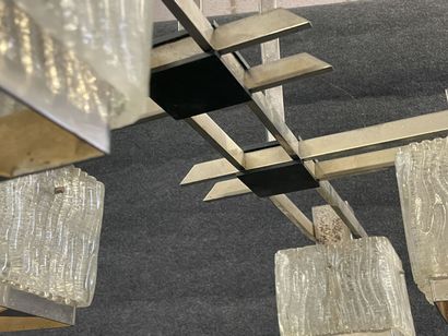 Chromed metal chandelier and four textured...