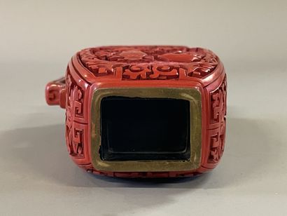 Carved lacquer jug on a wooden base. 
H....