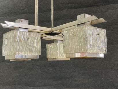 Chromed metal chandelier and four textured...
