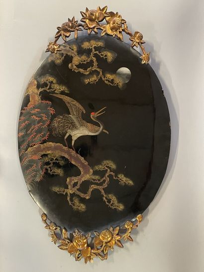 Large lacquer panel with heron and flowers...