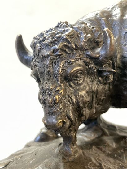 Bison facing a bear. 
Modern sculpture in...