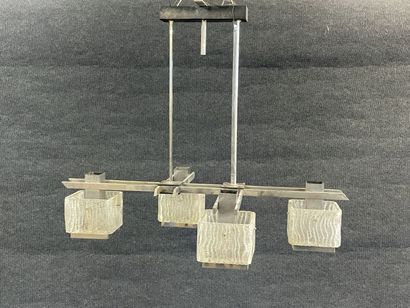 Chromed metal chandelier and four textured...