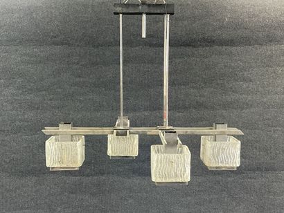 Chromed metal chandelier and four textured...