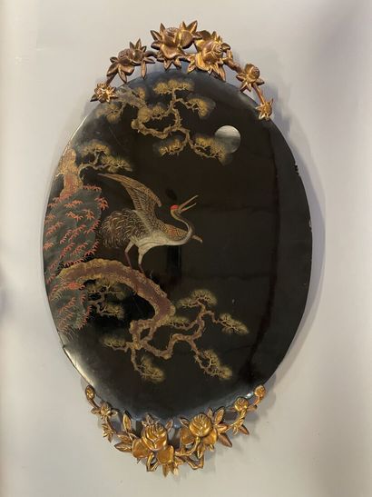Large lacquer panel with heron and flowers...