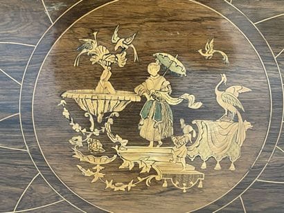 Marquetry pedestal table with swivel top,...
