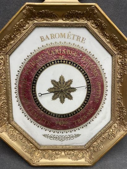 Barometer in carved wood and stucco, golden...