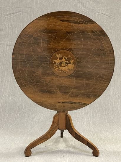 Marquetry pedestal table with swivel top,...