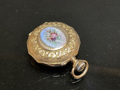 Neck watch in gold, enamelled with flowers...