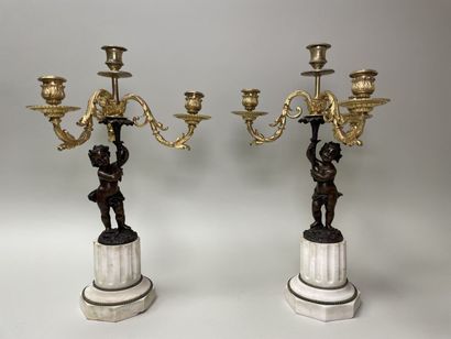 Paire de candelabres en bronze patiné et...
