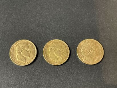Three coins of 10 francs gold 1862, 1864,...