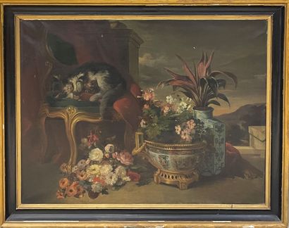 Ecole française fin XIX° 
Chatte et chatons...