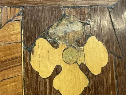 Frieze and marquetry of music attributes...
