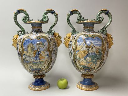Pair of large earthenware vases with snake...