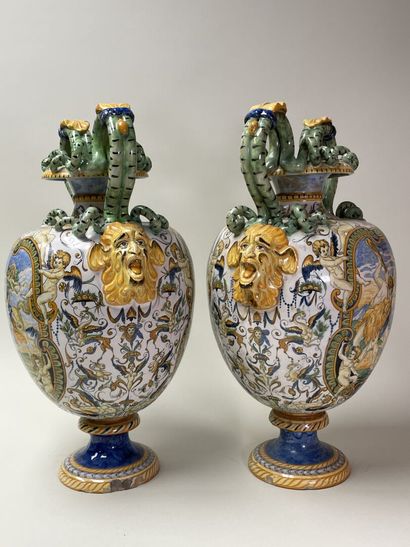Pair of large earthenware vases with snake...